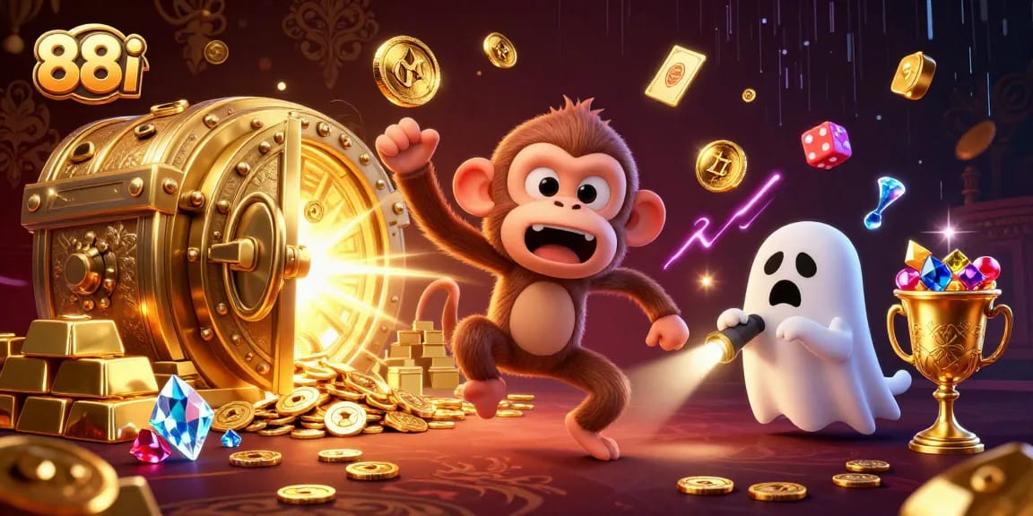 Engage with thrilling 88i casino excitement, featuring golden coins, juggled by a playful poltergeist monkey!