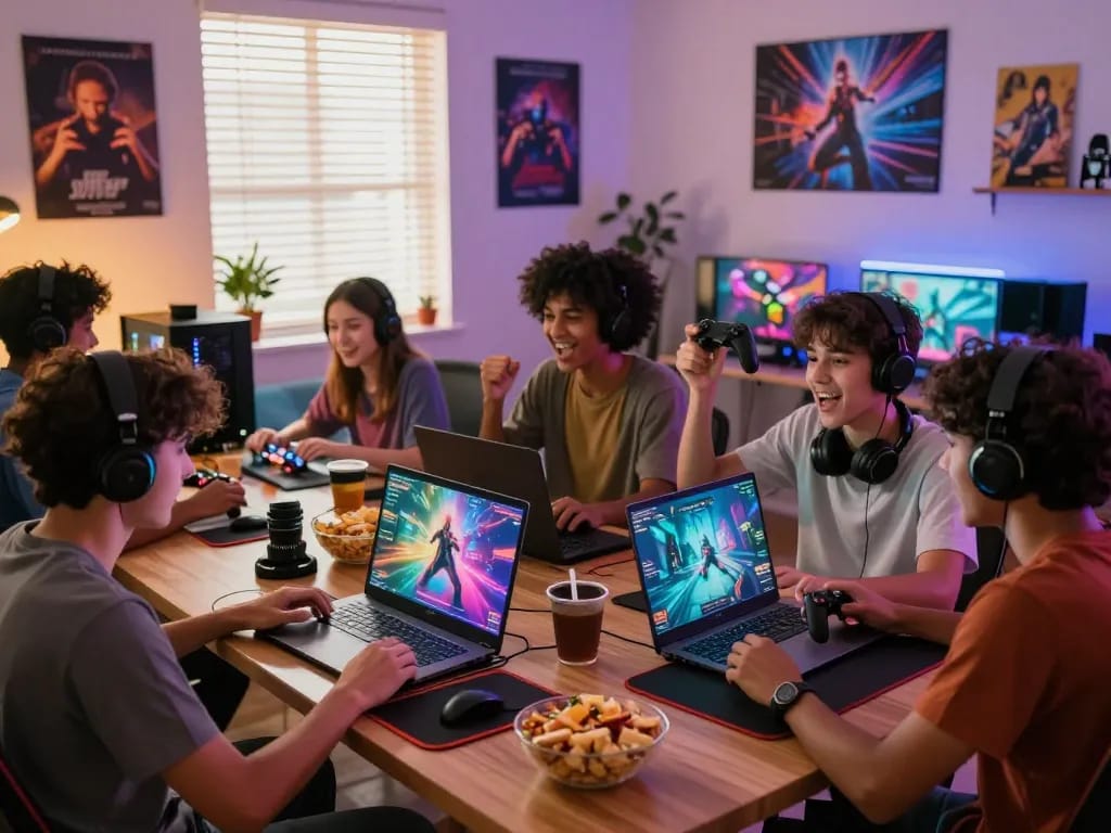 Players enjoying online gaming at home, highlighting the vibrant atmosphere of https://sunwin7979.com/ through interactive gameplay.