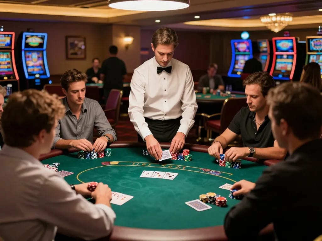 Players strategizing in a fun79 poker game at a luxurious casino table.