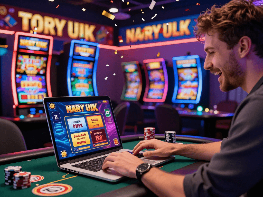 Enthusiastic player enjoying non UK casinos with gaming graphics and promotional banners.