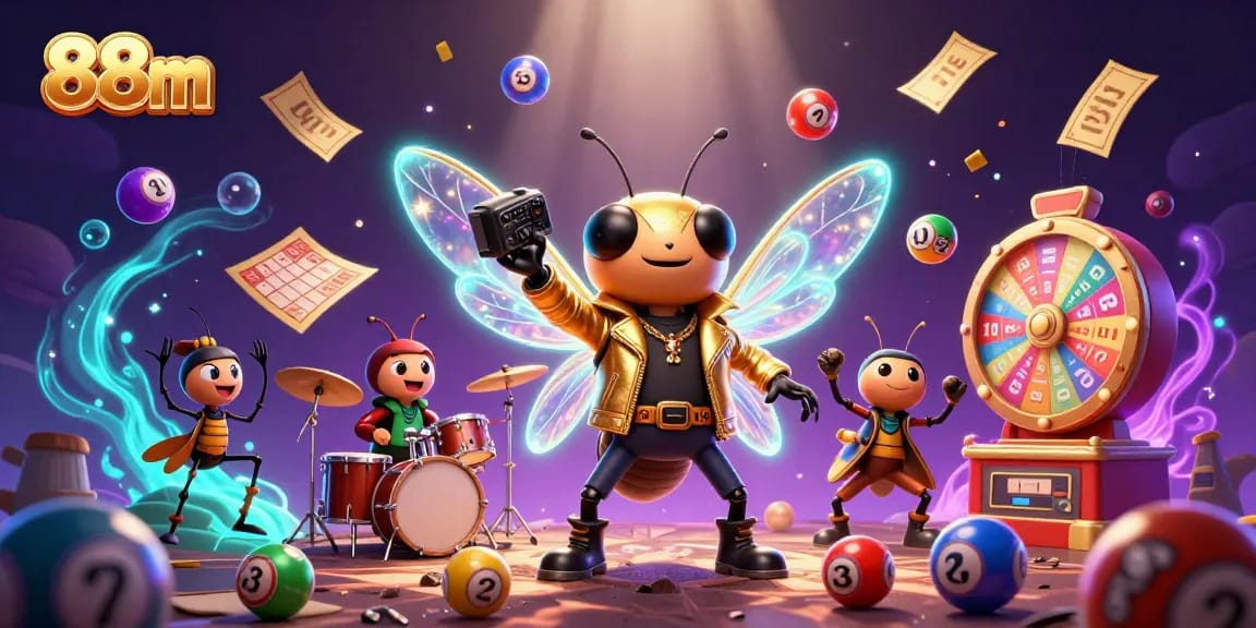 88m enhances excitement in a vibrant online casino scene with colorful lottery elements and a rock star.