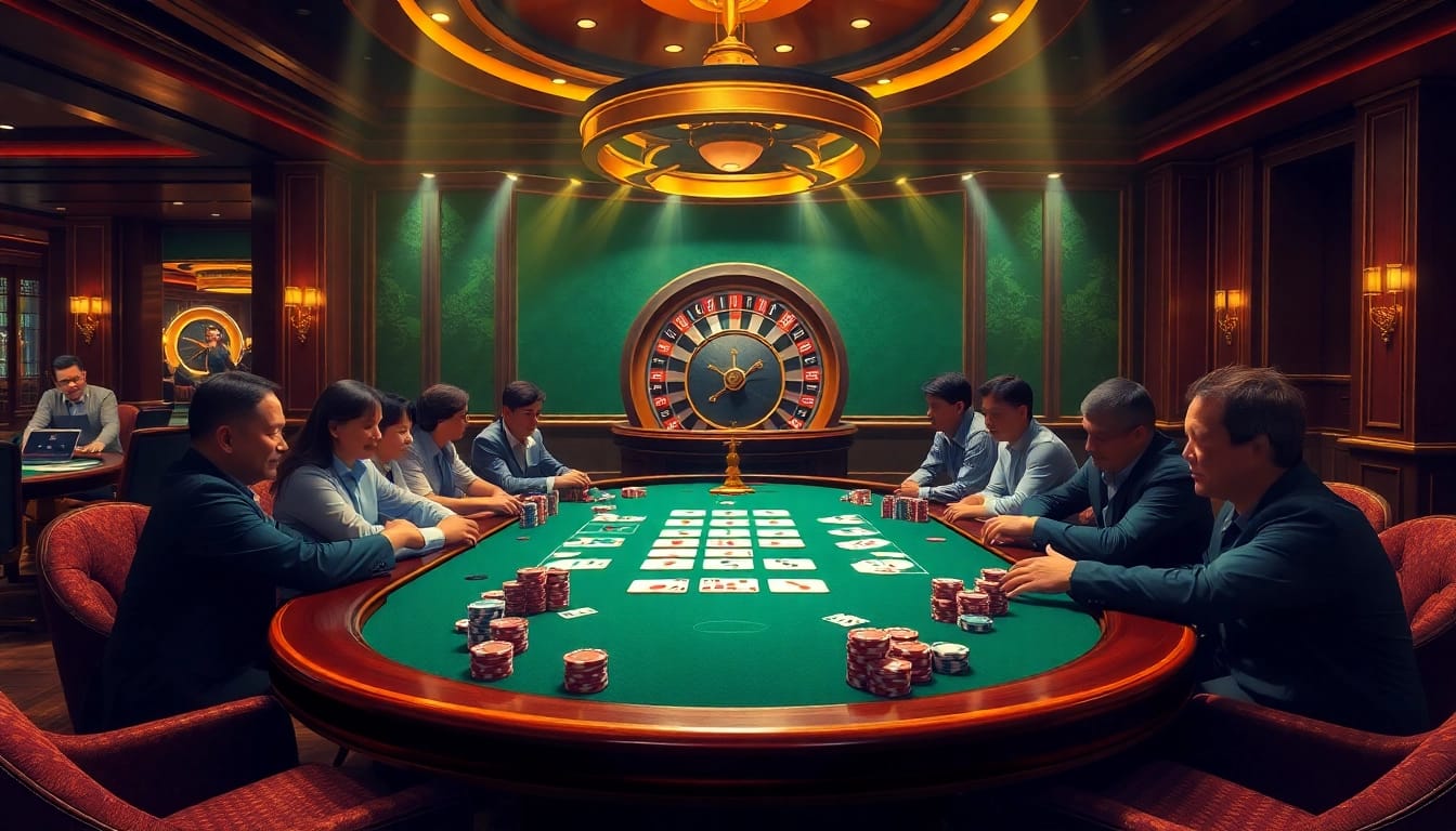 Experience thrilling gameplay at U888 with vibrant poker chips on a lavish casino table.