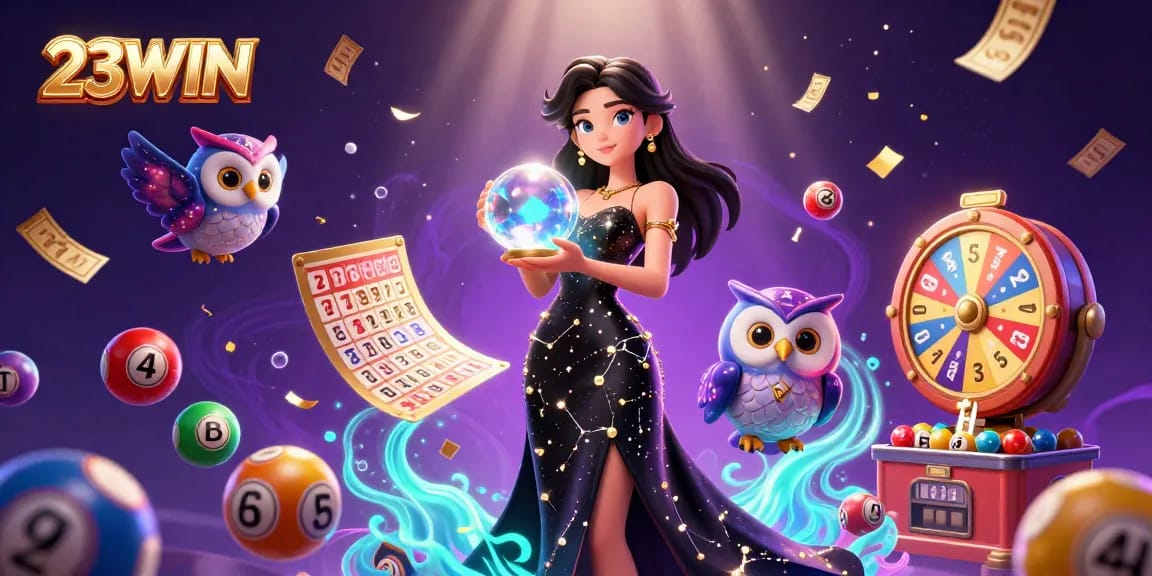 Engage with 23WIN's vibrant casino experience through this stunning illustration of games and magic.