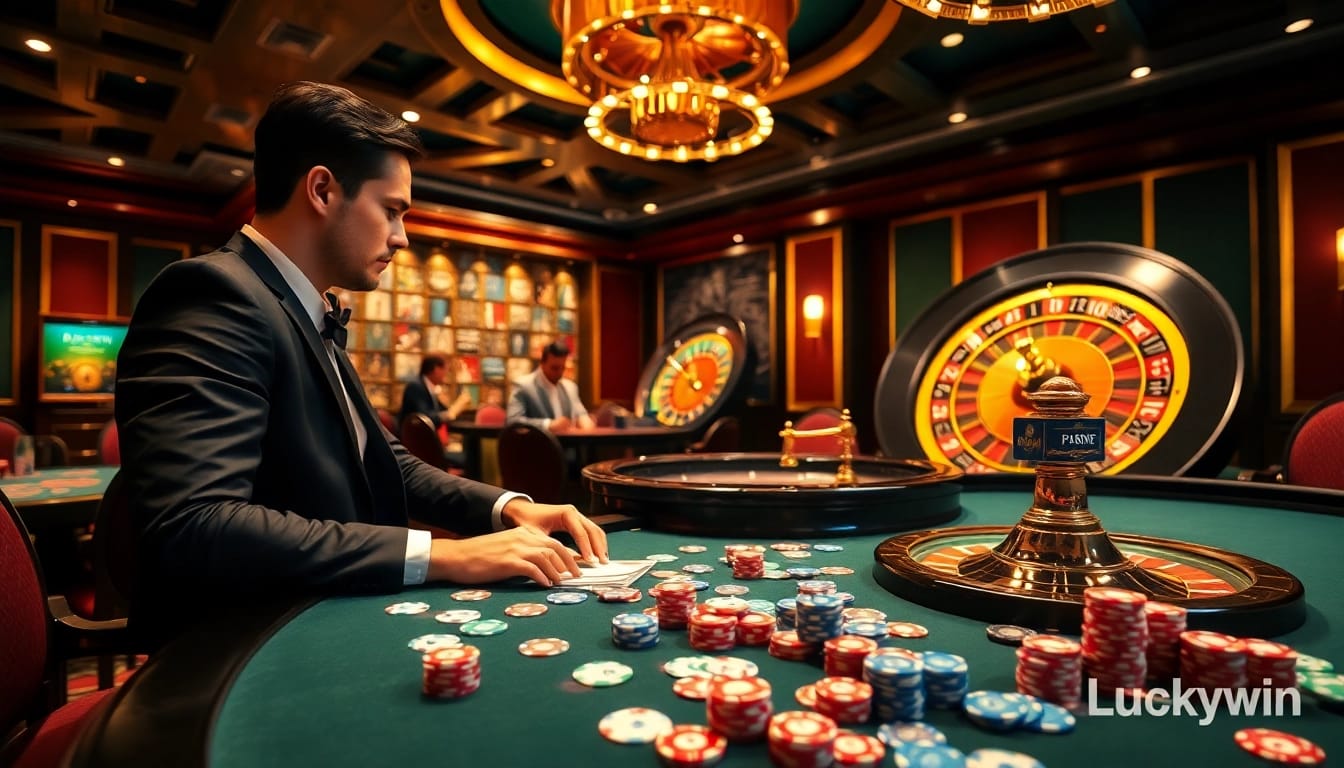 Experience the thrill of Luckywin with a lively casino scene featuring poker chips and a roulette wheel.