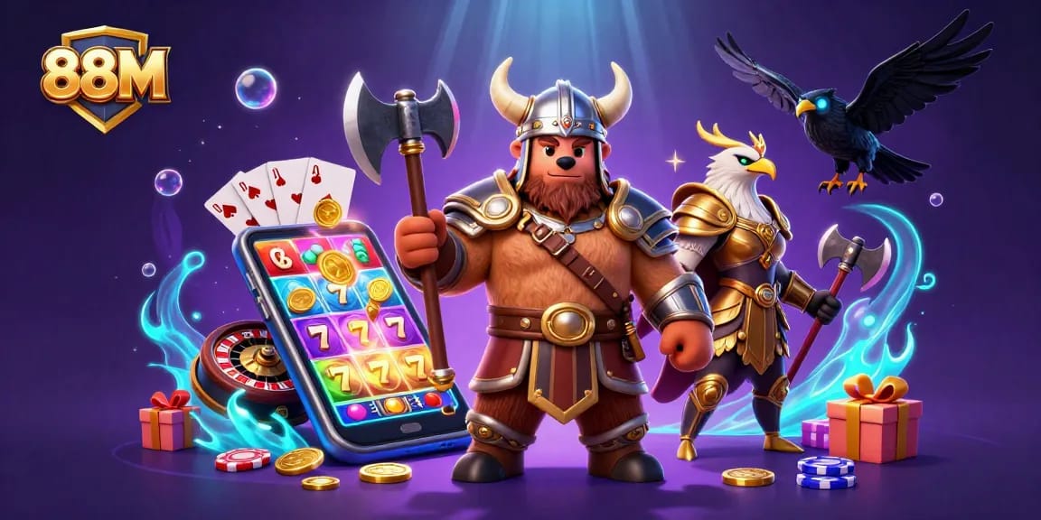 Experience the thrilling gameplay of 88M with cartoon Viking characters and exciting slot machines.