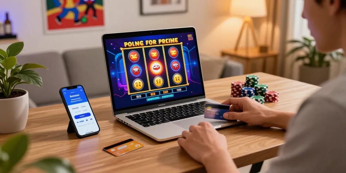 Player enjoying online gaming at transact.org.uk with credit card and chips on cozy home setup