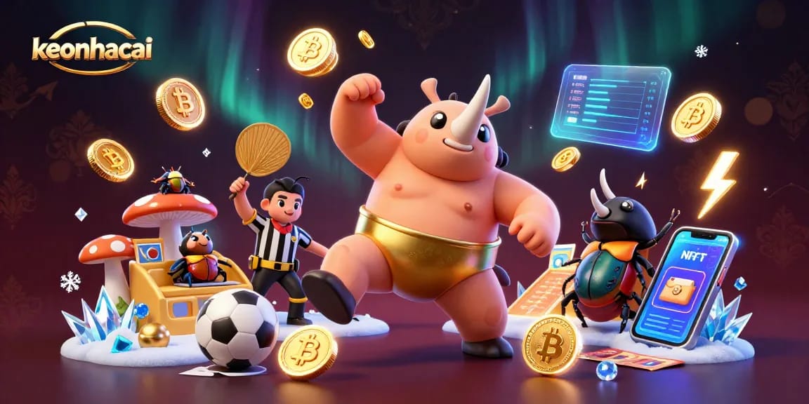 Bet on keonhacai with an intricate scene featuring colorful cartoon beetles and sports elements.