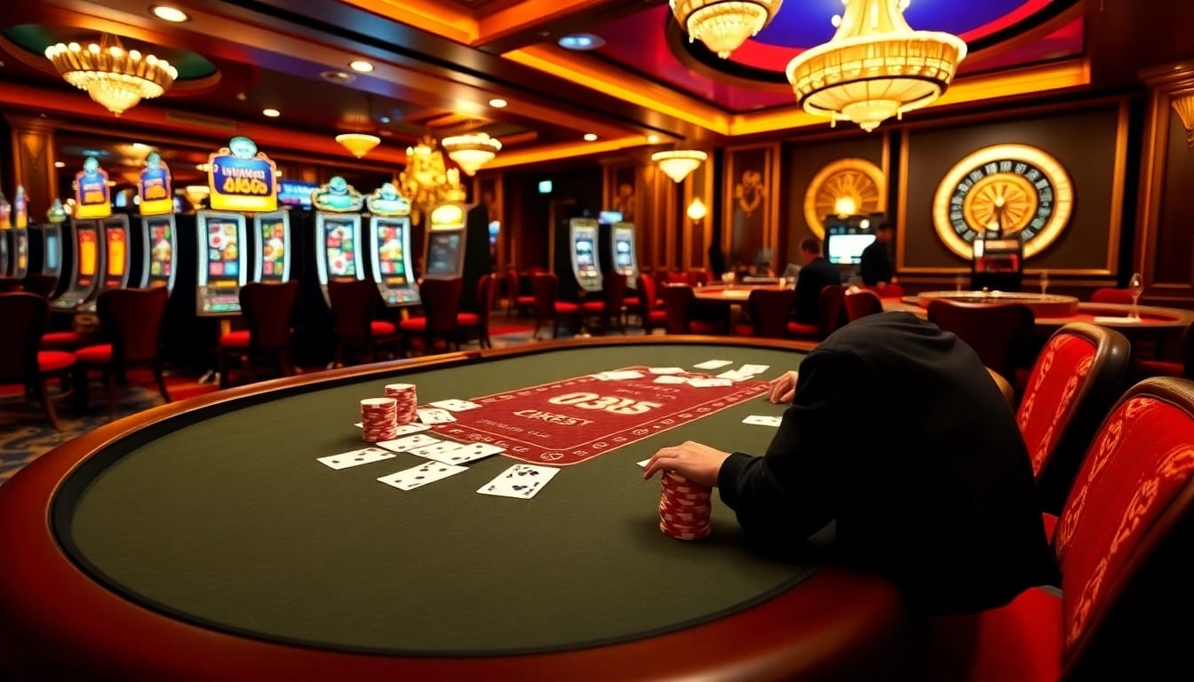 Players betting at a poker table highlighted with OK365 branding and vibrant casino elements.