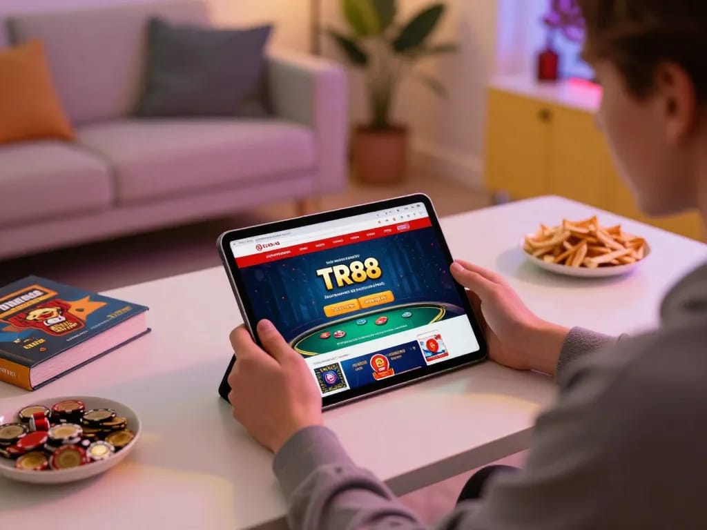Engaged player exploring TR88's online poker offerings on a tablet in a cozy home setting
