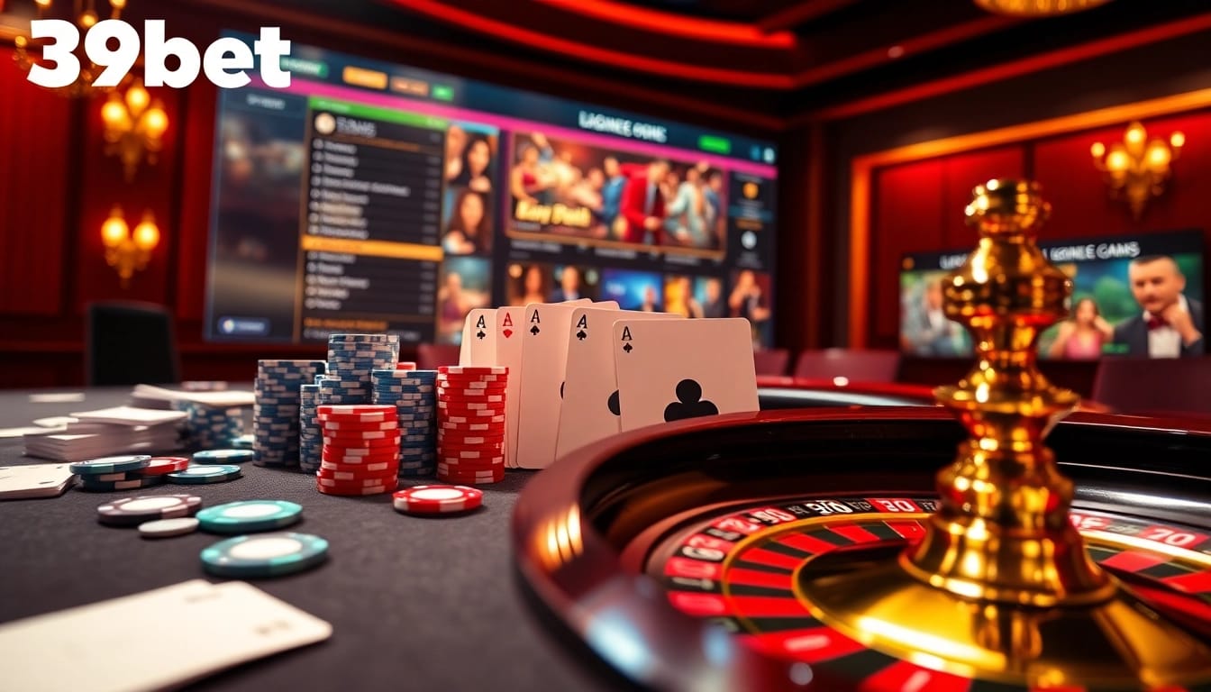 Engaging gamblers at the luxurious 39bet online casino with vibrant poker chips and a roulette wheel.