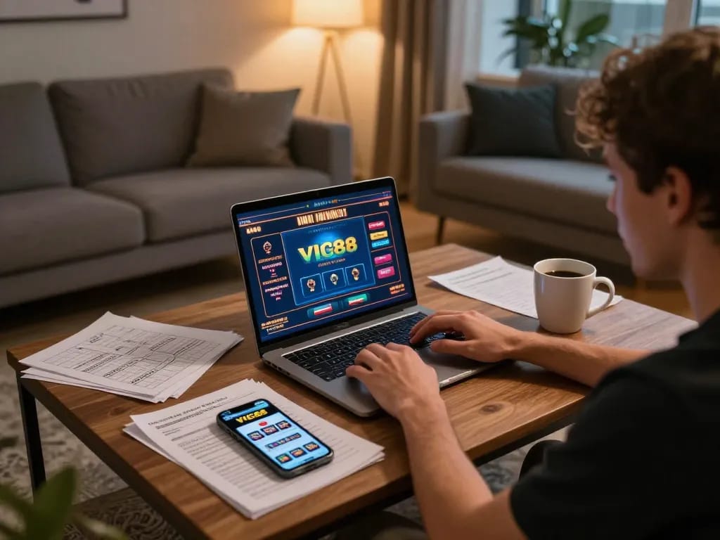 Player immersing in the VIC88 online casino experience with strategic notes in a cozy living room