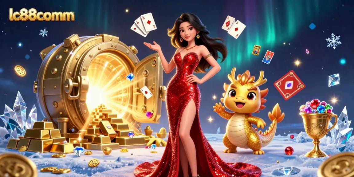 Engage in thrilling casino action at lc88comm with a stunning Asian woman in sequin gown, gold treasures, and floating cards.