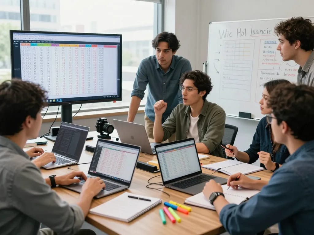 Soi cầu lô đề hôm nay with lottery enthusiasts analyzing statistical data in a modern office setting.