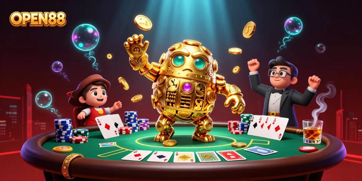 Engage with OPEN88's exciting casino gaming universe featuring a vibrant 3D scene.