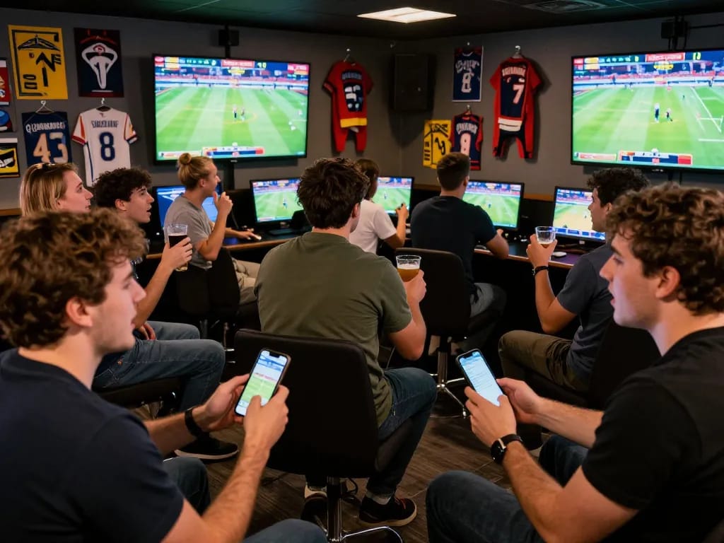 Kèo đội vô địch excitement at live sports betting event with friends cheering