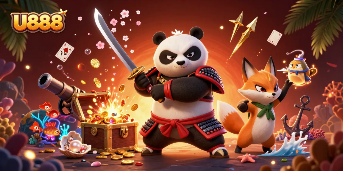 Experience U888's thrilling gaming adventure with a dynamic samurai panda, ninja fox, and magical spirit.