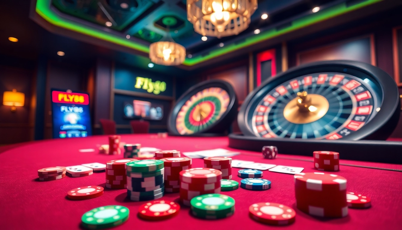 Experience FLY88 excitement at a luxurious casino table with colorful chips and cards.