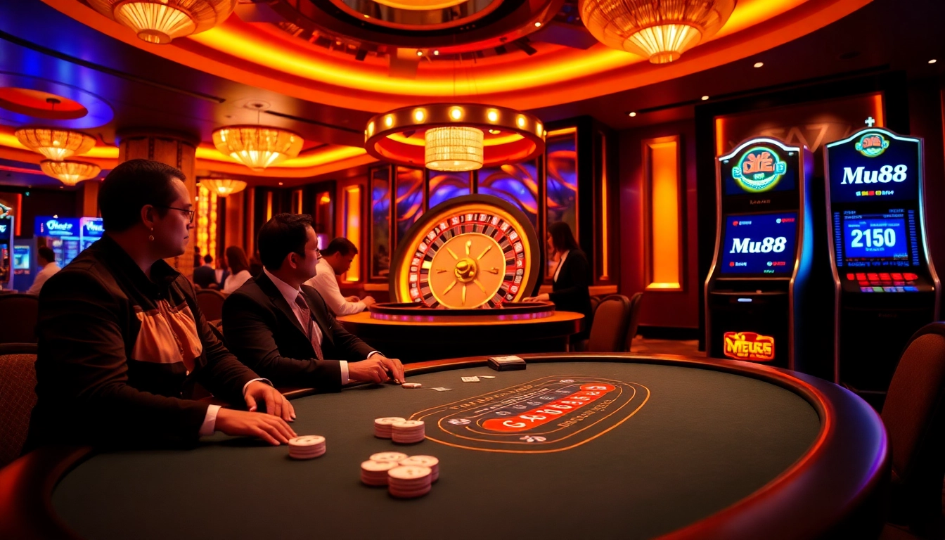 Exciting casino scene at Mu88 with vibrant blackjack tables and roulette wheel action.