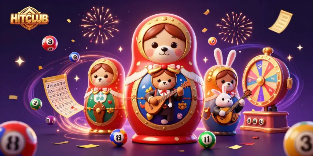 Experience the excitement of HITCLUB as bears celebrate with colorful lottery elements in a vibrant casino scene.
