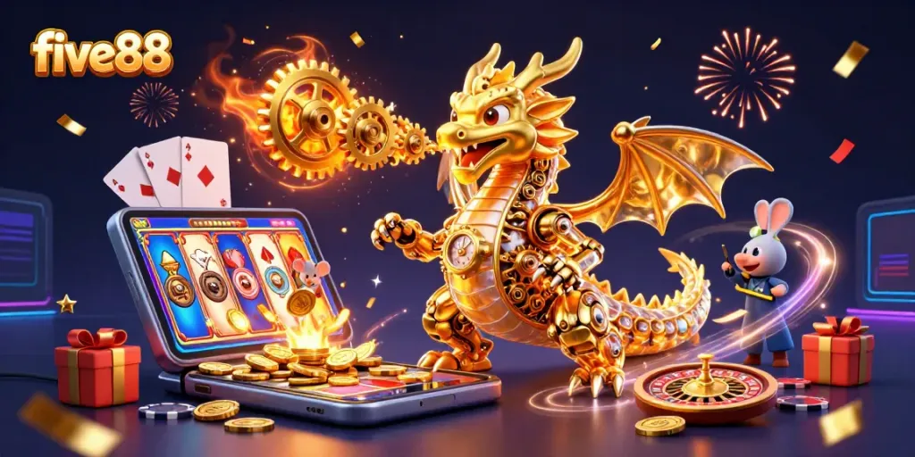 Experience thrilling gaming action at five88 with a golden dragon, vibrant slot games, and dynamic gambling elements.