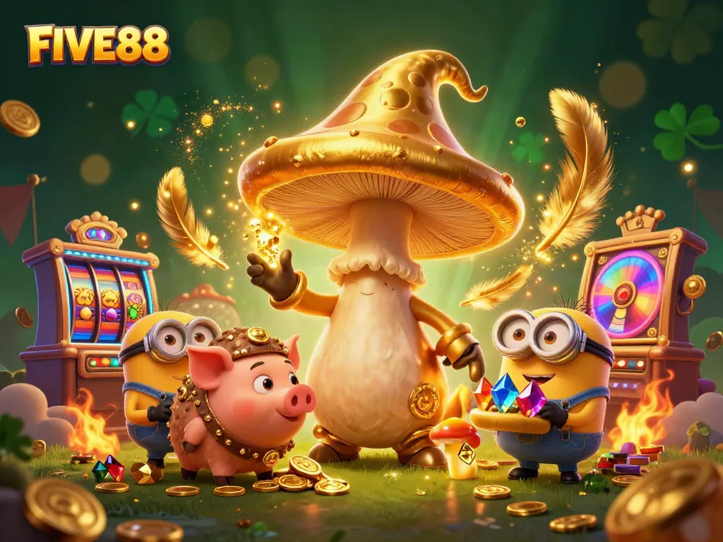 Join the excitement at FIVE88 with this vibrant casino scene featuring magic and treasures.