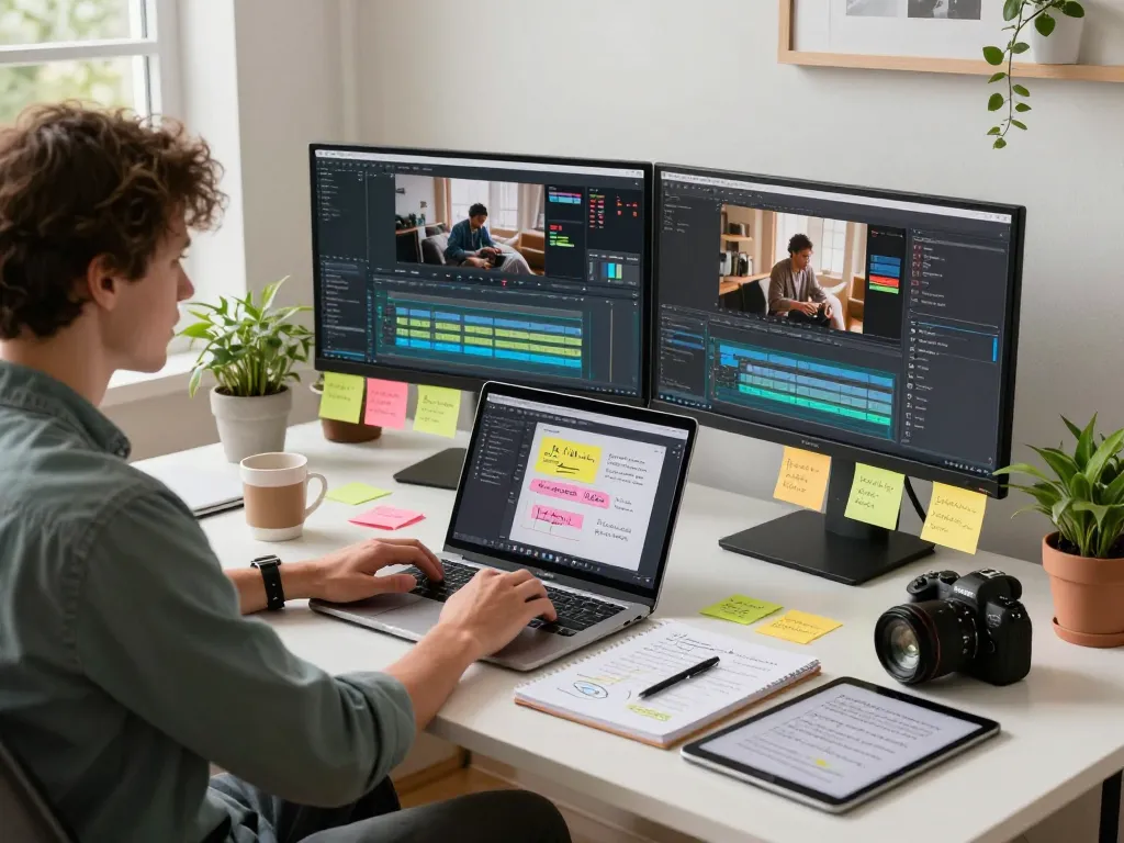 Content creator using video to prompt generator in a bright home office with modern tools and natural light.