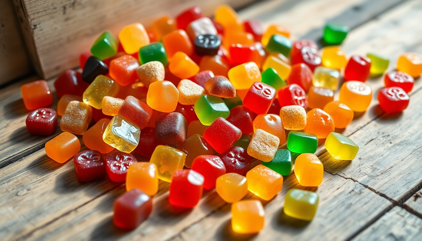 Buy legal THC gummies UK showcased in a colorful arrangement on rustic wood.