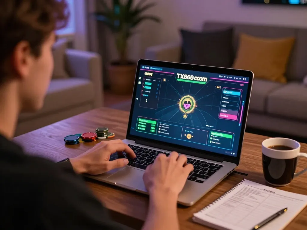 Player engaging in online poker at TX666 co com, showcasing excitement and strategy in a cozy home setting.