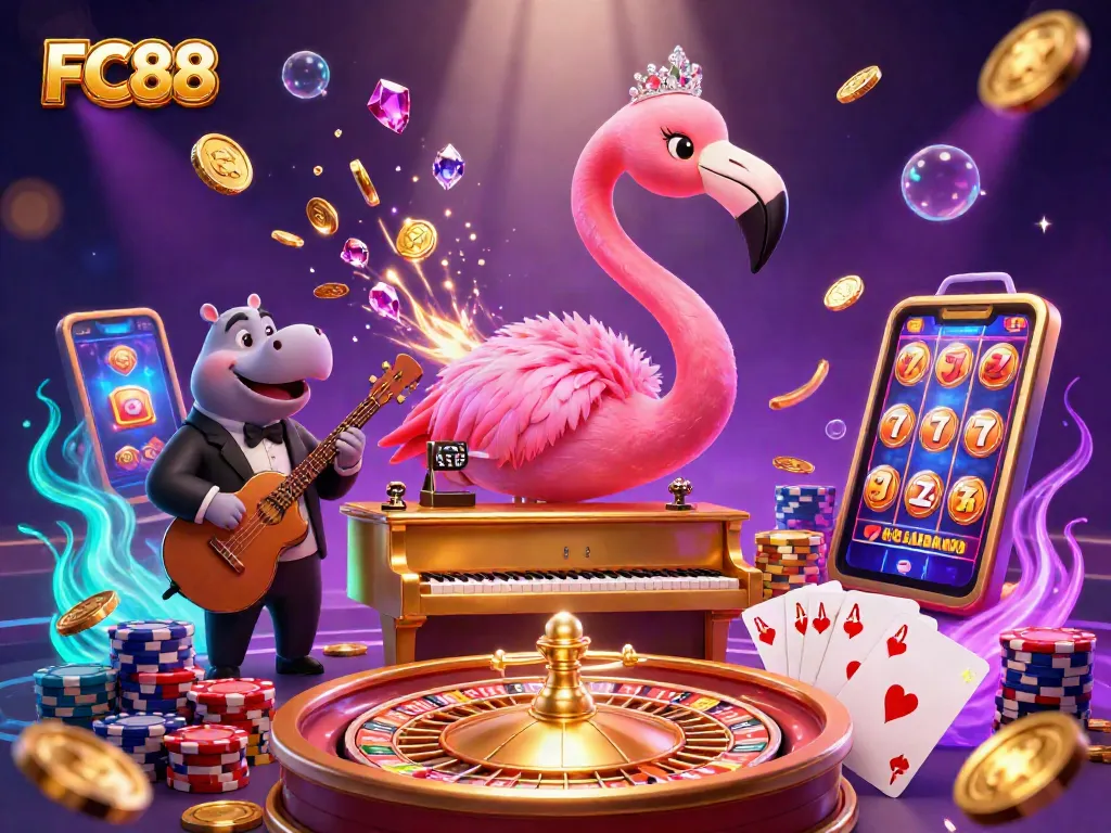 Engage with FC88 at a vibrant casino scene featuring a flamingo singer and hippo bassist.