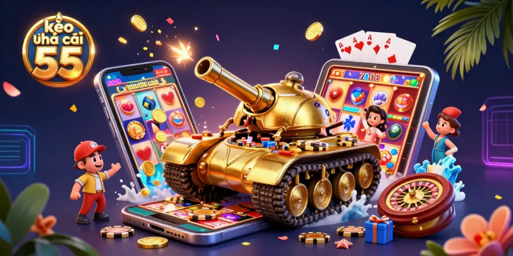 Place bets with kèo nhà cái 55 while experiencing a vibrant miniature casino scene with golden elements.