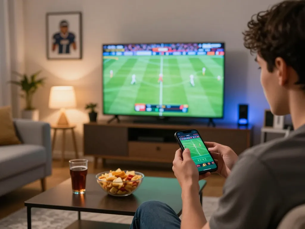 Person enjoying sports betting on MM88 smartphone app while watching live game in cozy home setting.