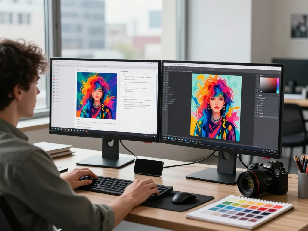 Creating an image to prompt using AI tools at a stylish workstation with dual monitors.