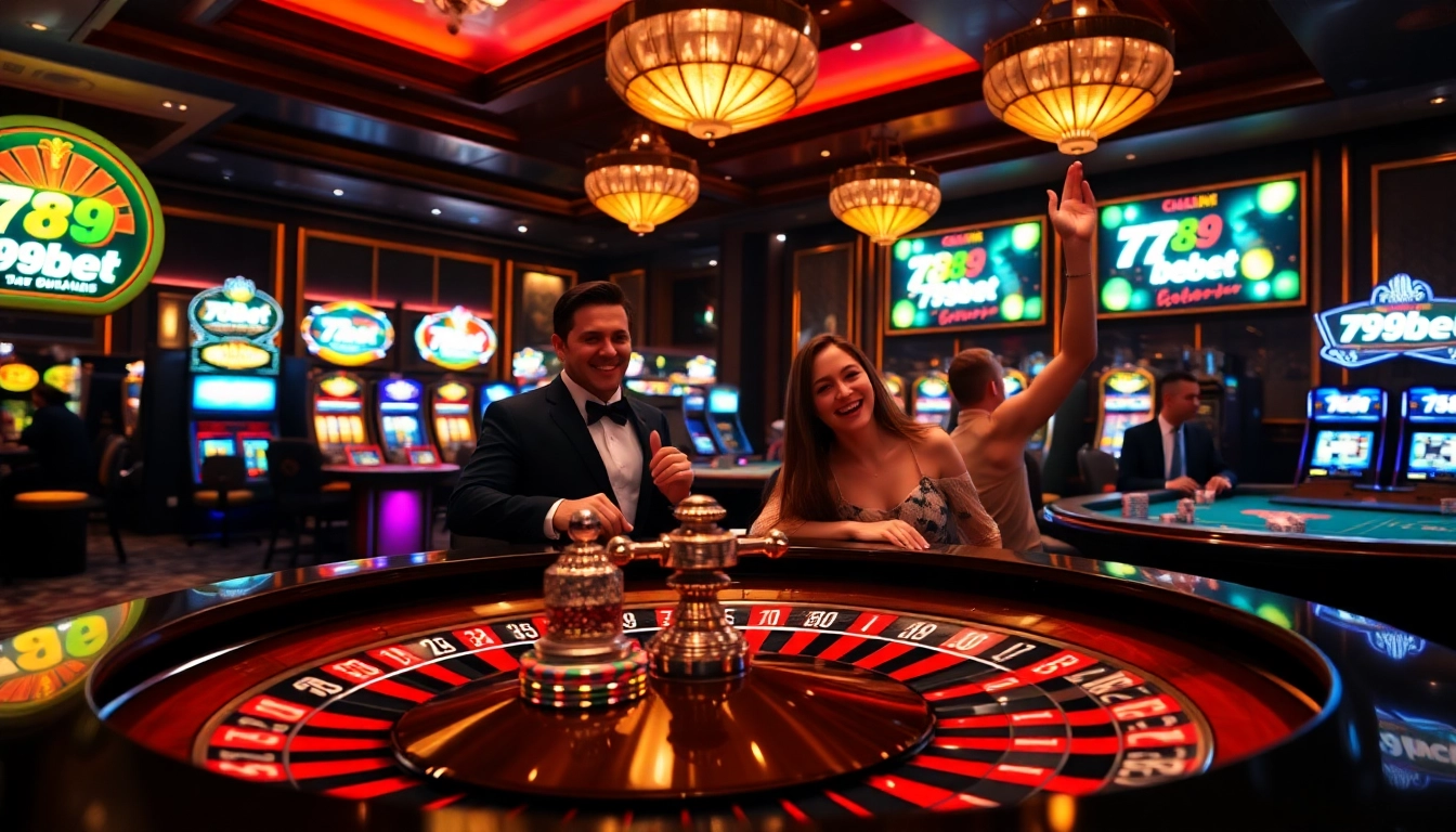 Players enjoying a thrilling game of roulette at 789bet casino, surrounded by vibrant decor and action.