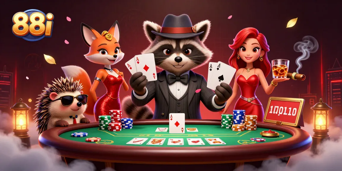 A raccoon in a pinstripe suit showcases a royal flush at a vibrant poker table in 88i casino.