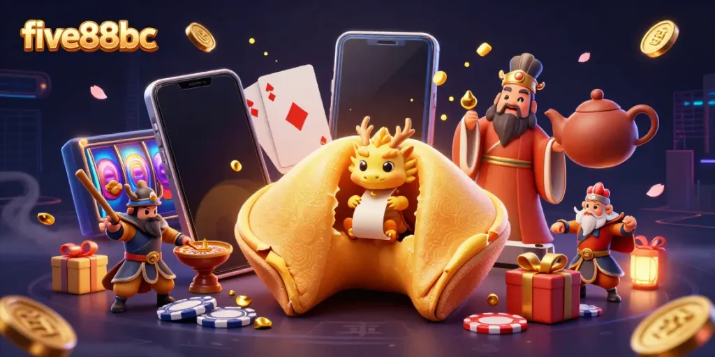 Experience excitement with five88bc as a golden fortune cookie reveals riches in a dynamic casino scene.