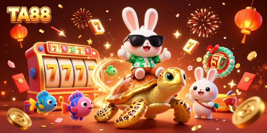 Engage with TA88's vibrant scene featuring a lucky rabbit on a golden turtle amidst festive casino elements.
