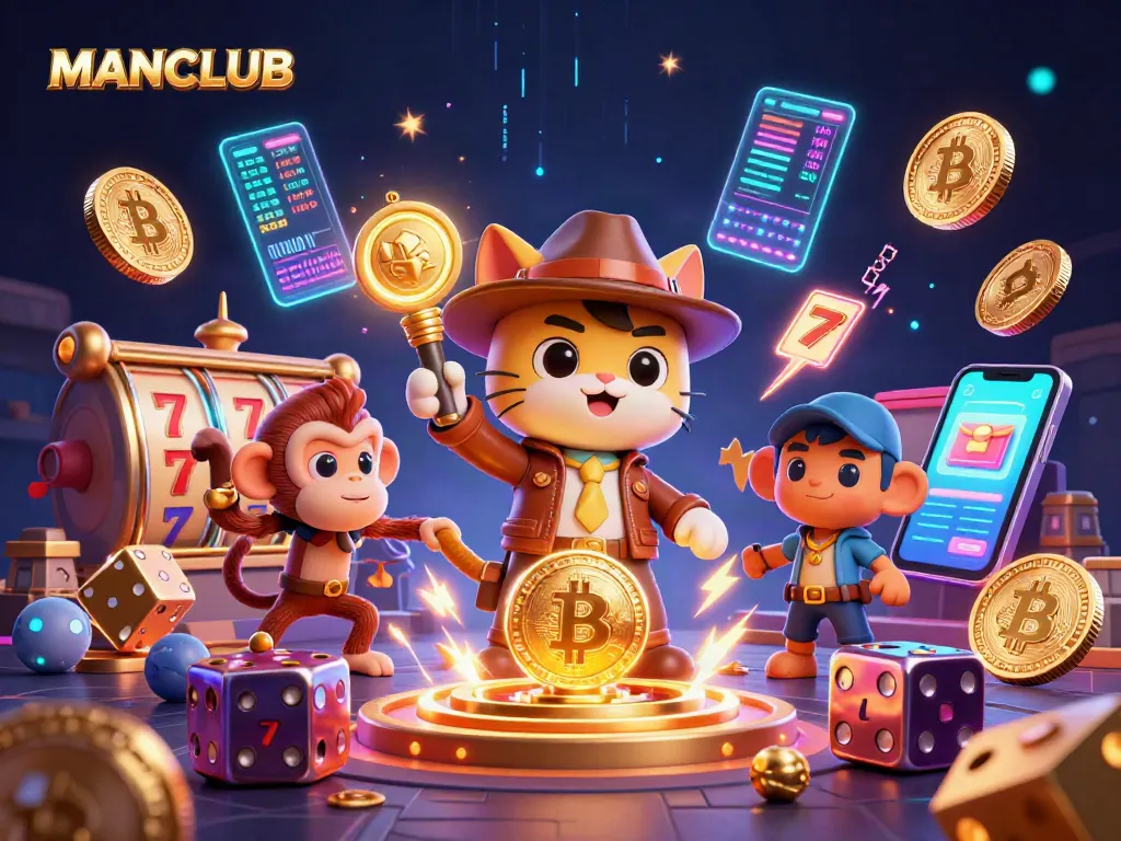 Engage with the MANCLUB treasure hunt for casino artifacts featuring vibrant 3D characters and gaming elements.