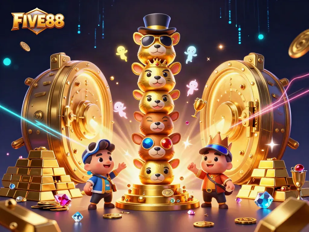 Experience exhilarating gameplay at FIVE88 with a golden totem pole and treasures surrounding a vibrant casino scene.