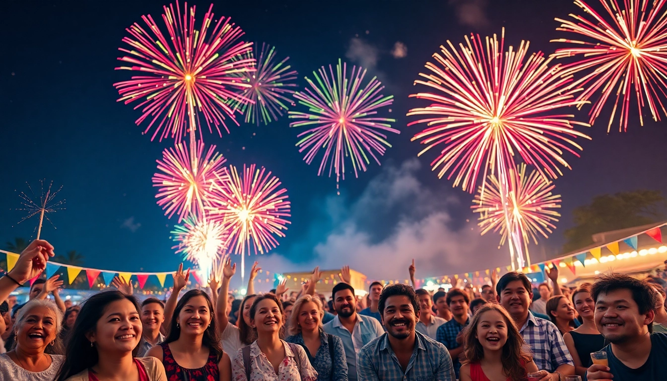 Crowd enjoying spectacular cheap fireworks near me lighting up the night sky.