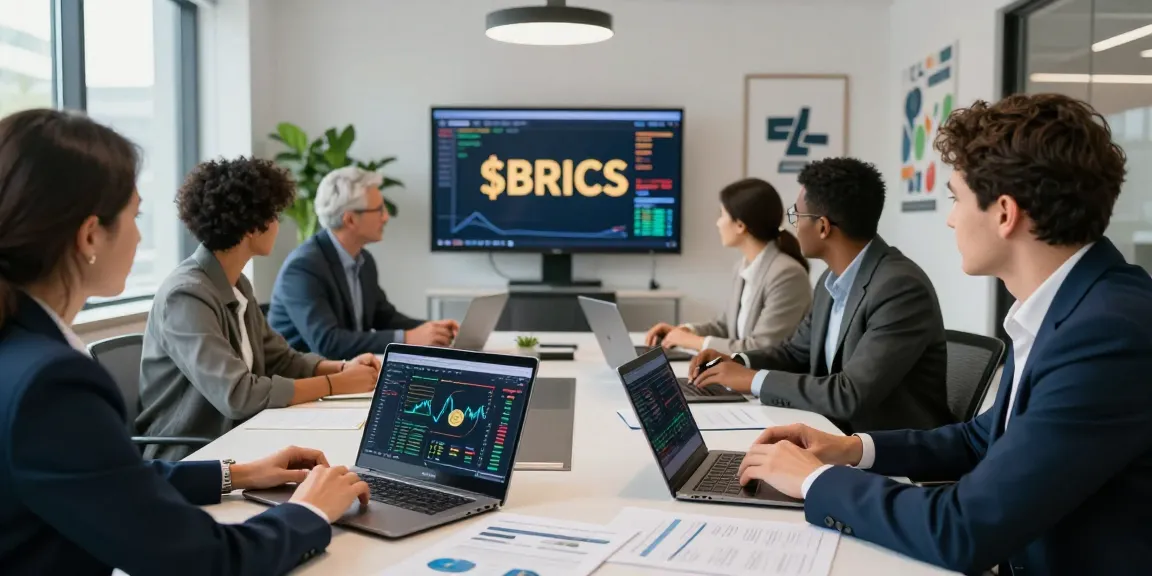 Engaged investors discussing strategies to invest in BRICS coins in a modern office.