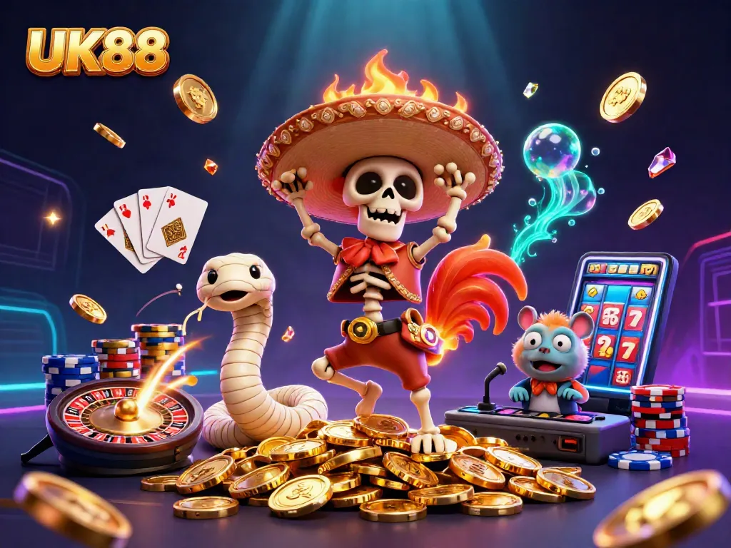 UK88 showcases a thrilling 3D casino scene with a mariachi rooster and sparkling game elements.