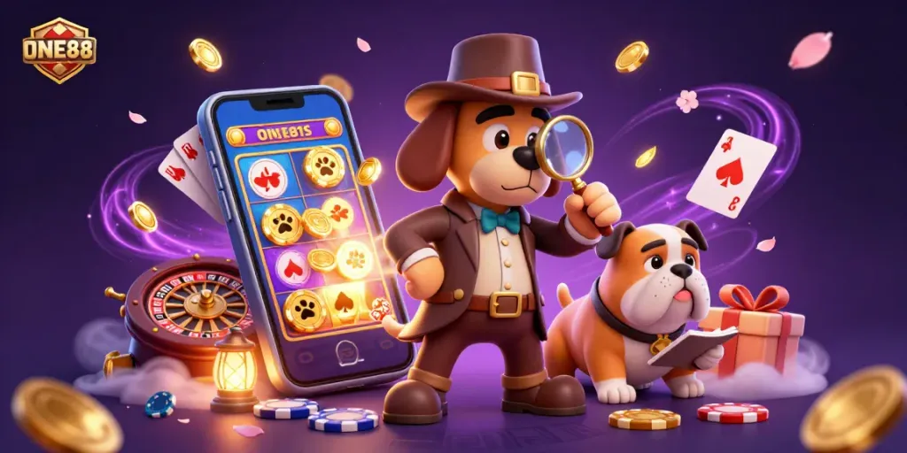 ONE88 detective examining a golden poker chip clue with gambling elements scattered in a vibrant casino scene.