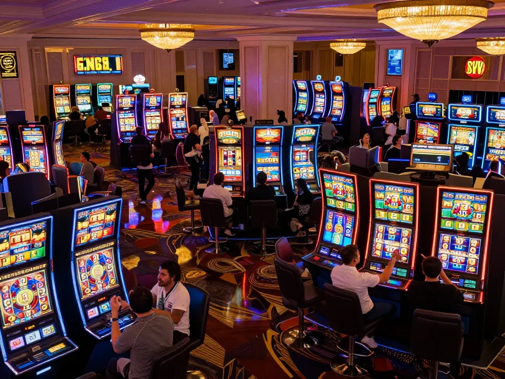 Players enjoying vibrant slot machines at cloud-africa casino, illustrating the excitement of gaming.