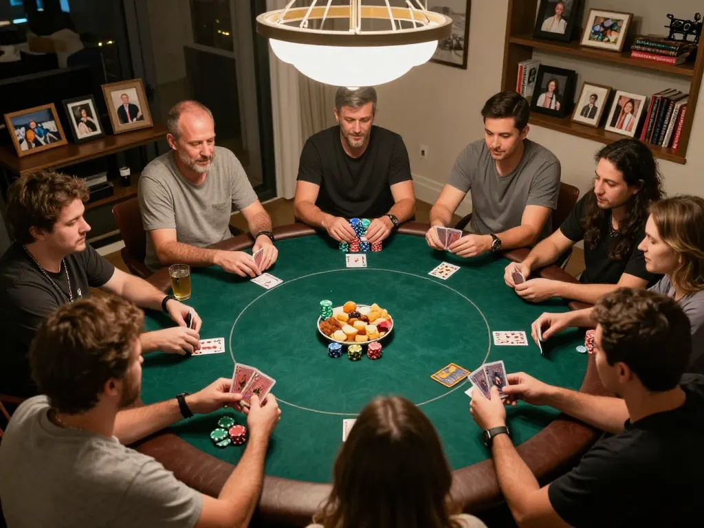 Kuwin poker enthusiasts strategizing during a home game night, showcasing camaraderie.