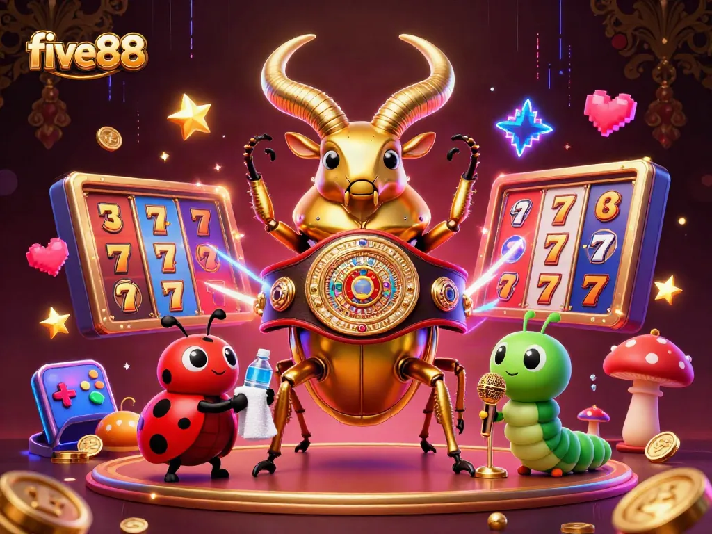 Experience the vibrant energy of five88 with a golden stag beetle featured in a dynamic casino setting.