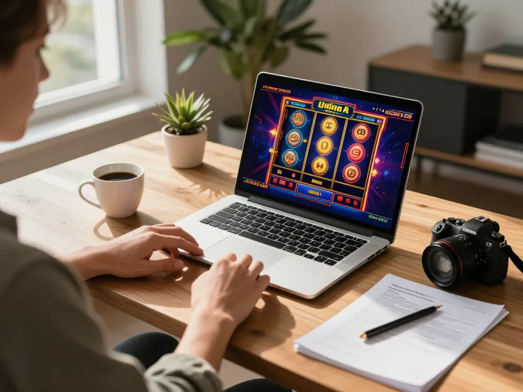 Player engaged in online casino gaming with 88vv on a laptop, showcasing vibrant slot games and a cozy home office atmosphere.