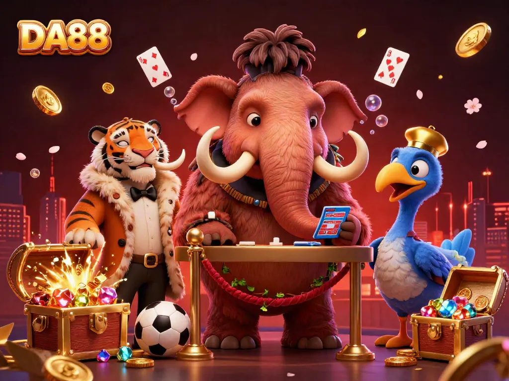 Engage with DA88's thrilling gaming ambiance through a vibrant scene showcasing unique casino characters and elements.