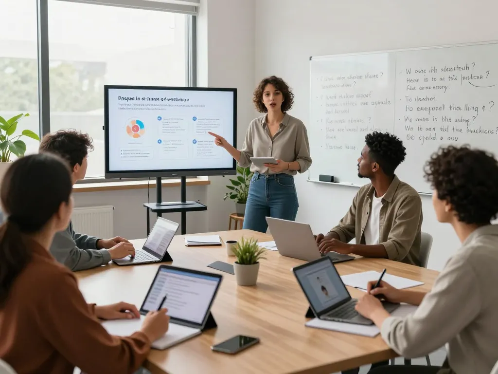 Engaged learners discussing sex AI applications in a modern classroom.