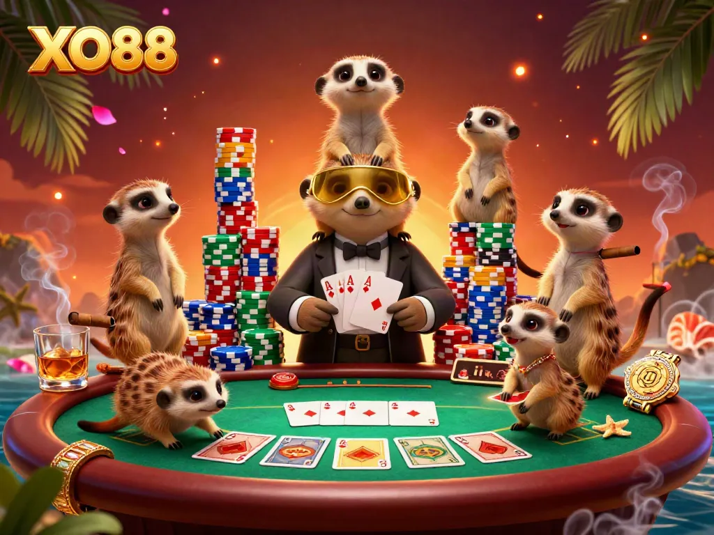 Experience exciting moments at XO88 as meerkats manage a vibrant casino filled with poker chips and games.