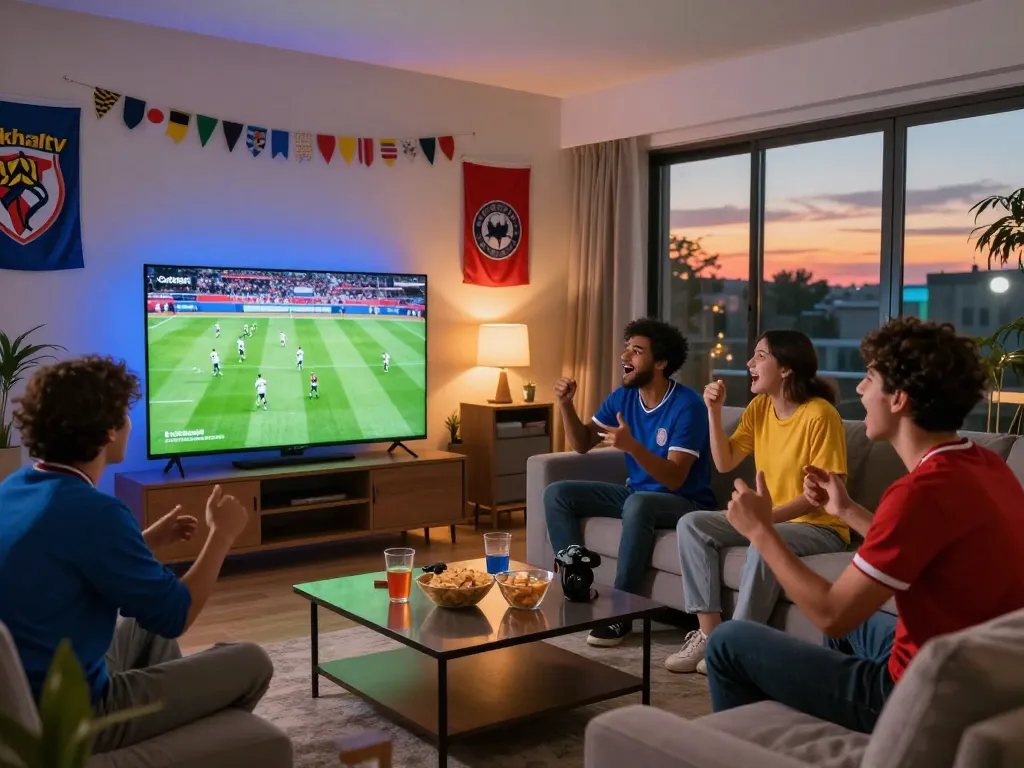 Cakhiatv sports fans enjoying live football in a vibrant living room setting.
